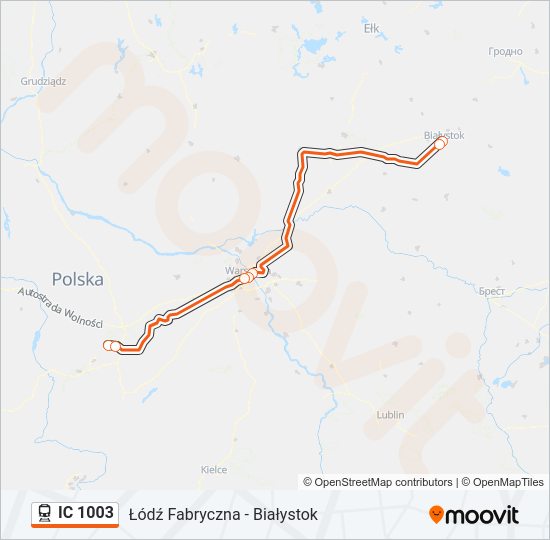 Mapa linii kolej IC 1003