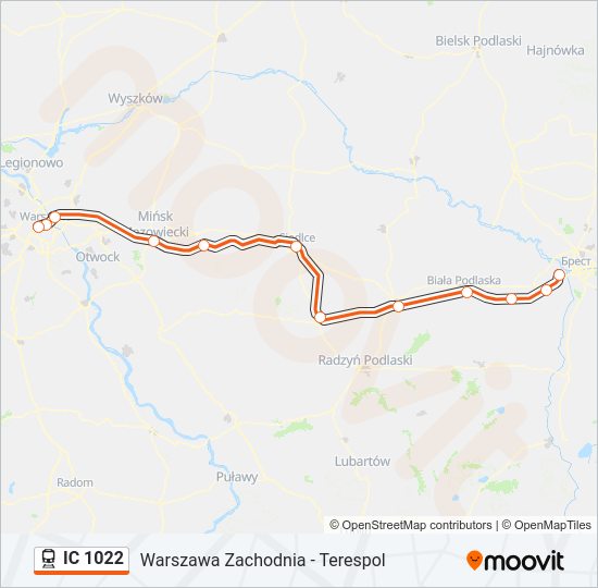 Mapa linii kolej IC 1022