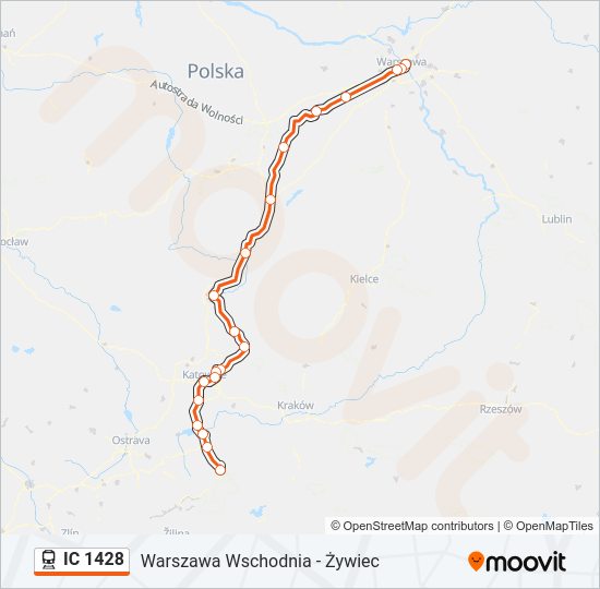 Mapa linii kolej IC 1428