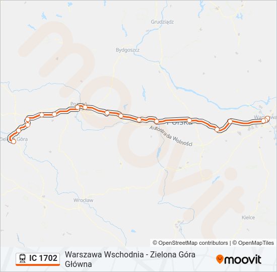 Mapa linii kolej IC 1702