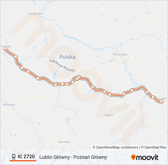 Mapa linii kolej IC 2720