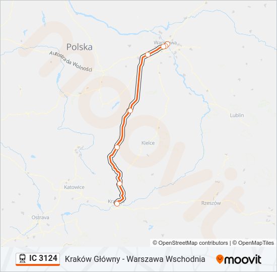 Mapa linii kolej IC 3124