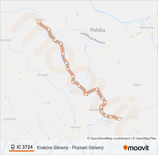 Mapa linii kolej IC 3724