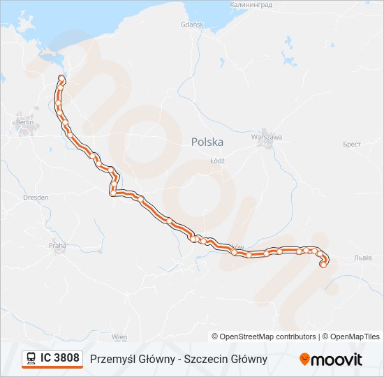 Mapa linii kolej IC 3808