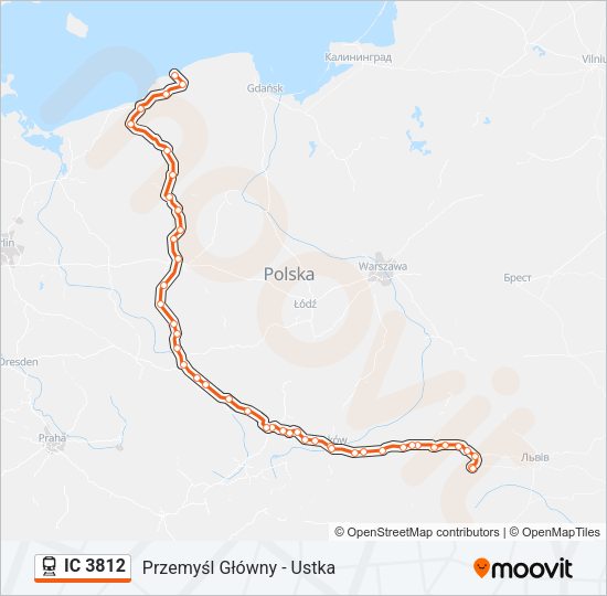 Mapa linii kolej IC 3812