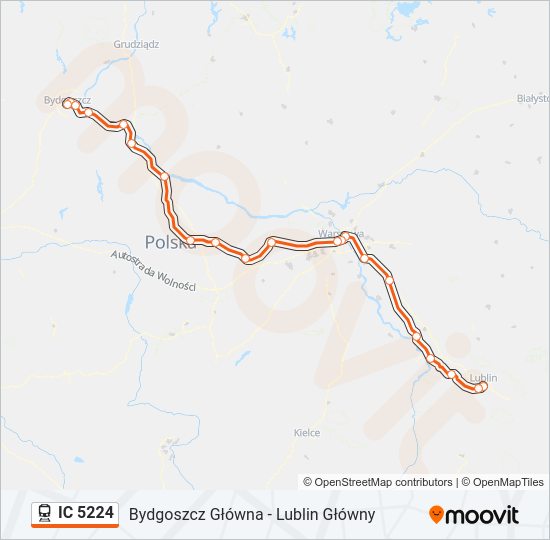 Mapa linii kolej IC 5224