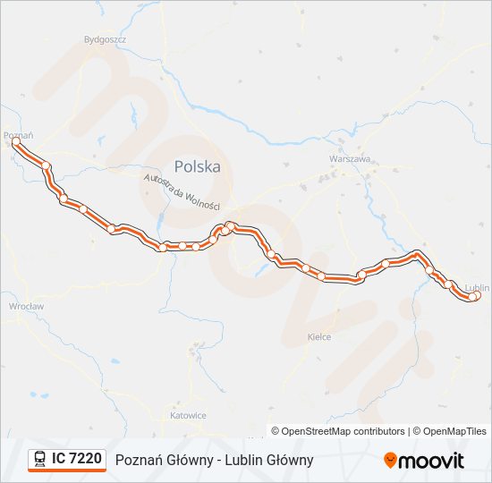 Mapa linii kolej IC 7220