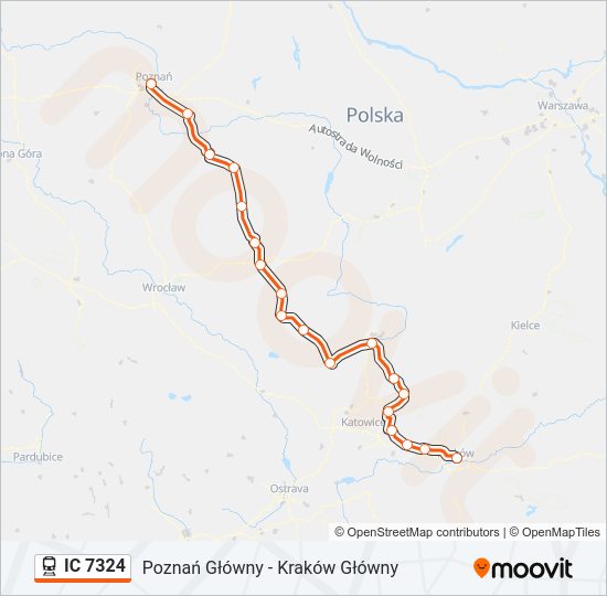 Mapa linii kolej IC 7324