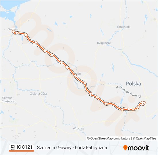 Mapa linii kolej IC 8121