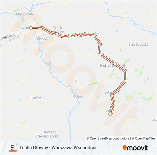 Mapa linii kolej IC 21103