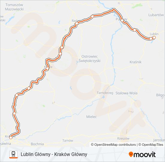 Mapa linii kolej IC 23102