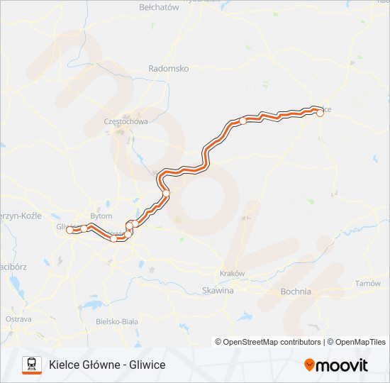 Mapa linii kolej IC 24101