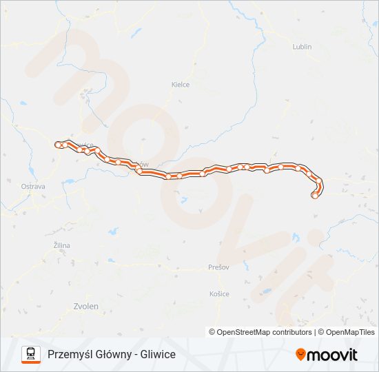 Mapa linii kolej IC 34100