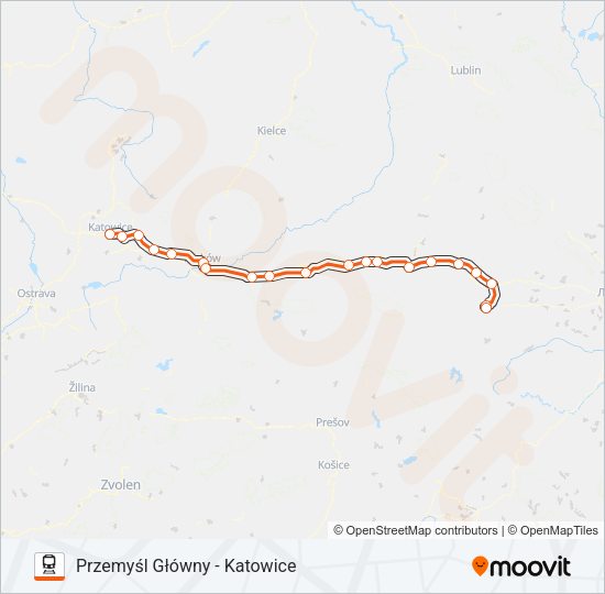 Mapa linii kolej IC 34100