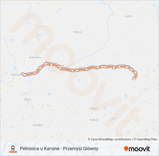 Mapa linii kolej IC 43008