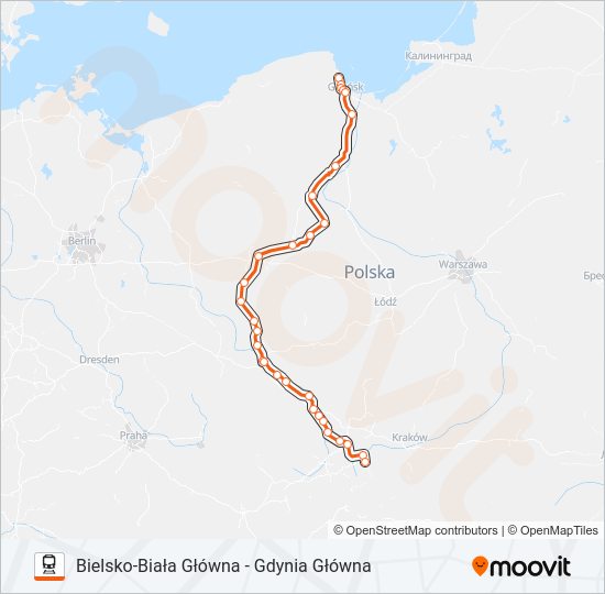 Mapa linii kolej IC 45100