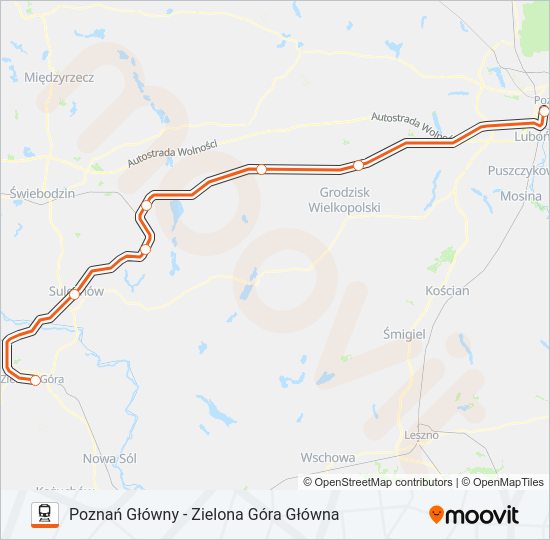 Mapa linii kolej IC 70109