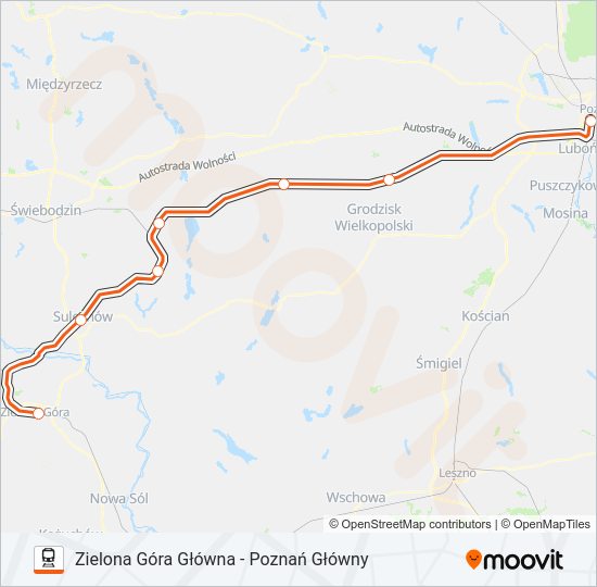 Mapa linii kolej IC 77109