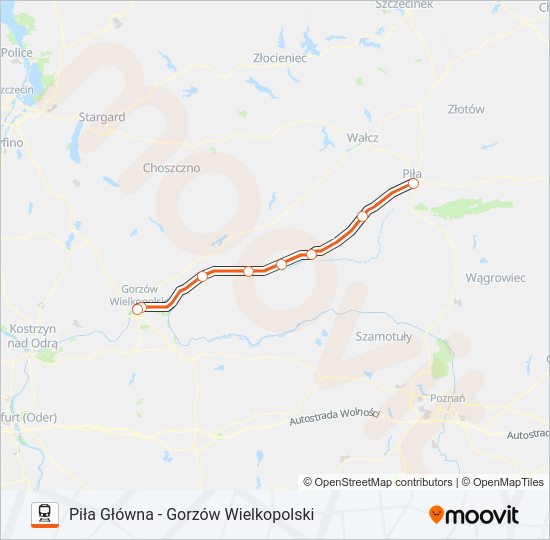 Mapa linii kolej IC 88103