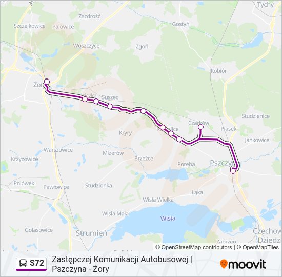 Mapa linii autobus S72