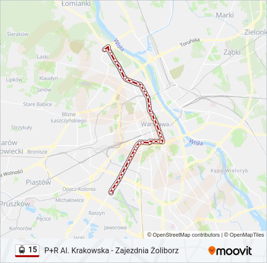 Mapa linii tramwaj 15