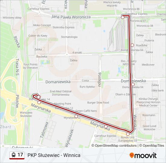 Mapa linii tramwaj 17