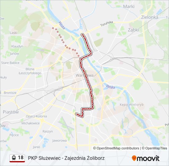 Mapa linii tramwaj 18