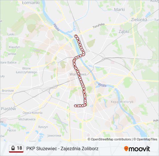 Mapa linii tramwaj 18