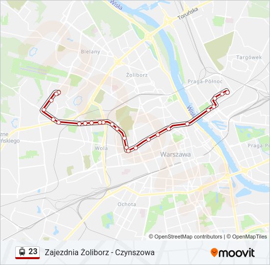 Mapa linii tramwaj 23