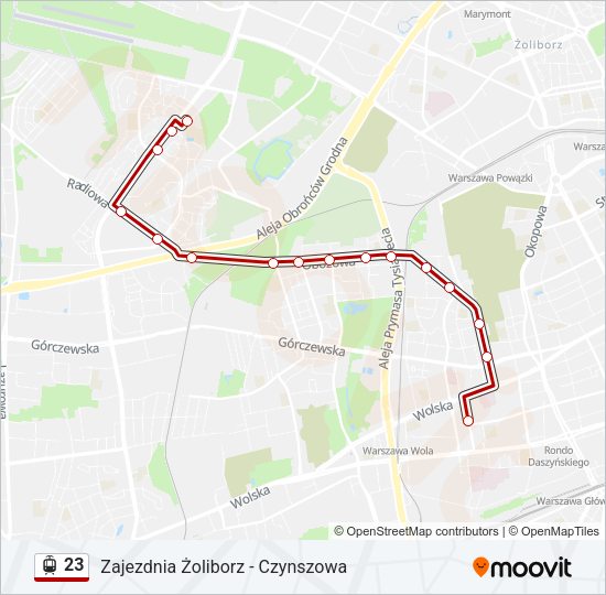 Mapa linii tramwaj 23