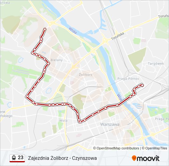 Mapa linii tramwaj 23