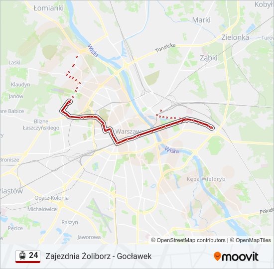 Mapa linii tramwaj 24