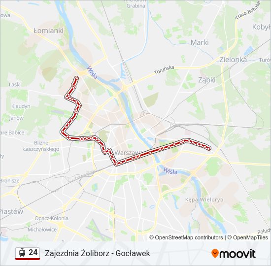 Mapa linii tramwaj 24