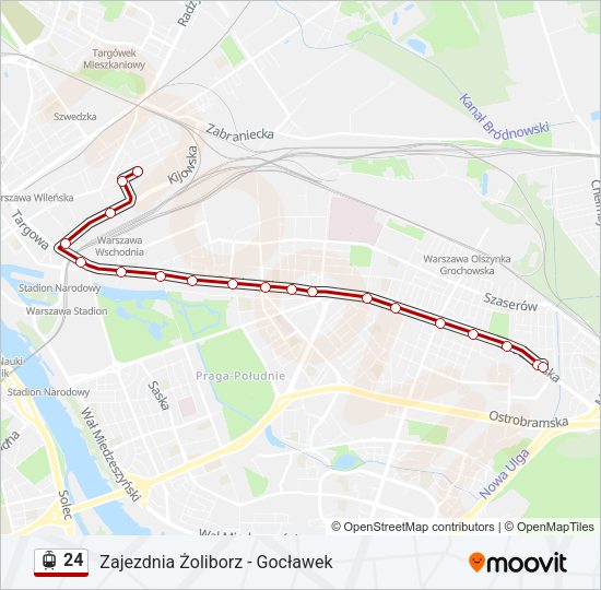 Mapa linii tramwaj 24