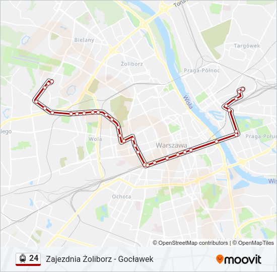 Mapa linii tramwaj 24