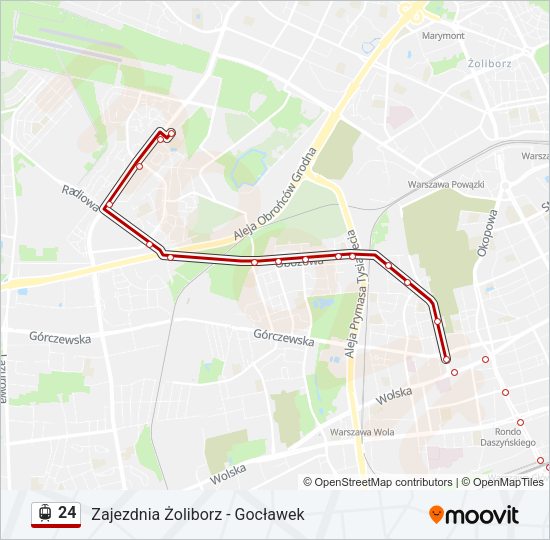 Mapa linii tramwaj 24