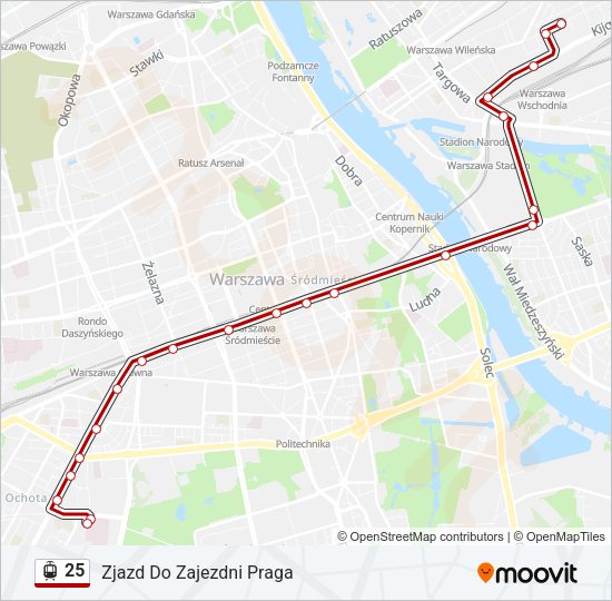 Mapa linii tramwaj 25