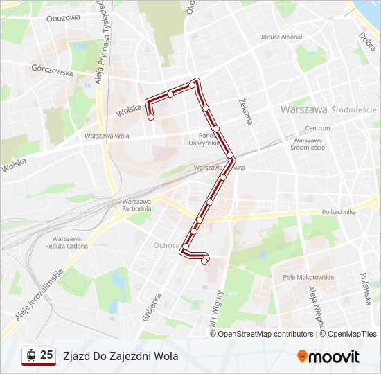 Mapa linii tramwaj 25