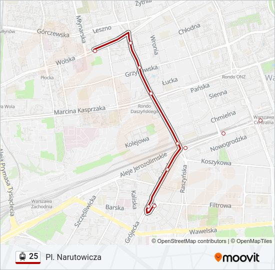 Mapa linii tramwaj 25