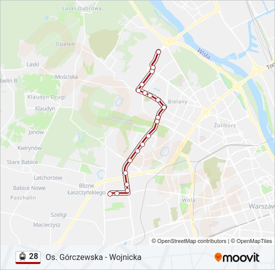 Mapa linii tramwaj 28