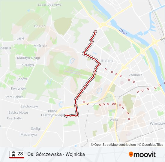 Mapa linii tramwaj 28