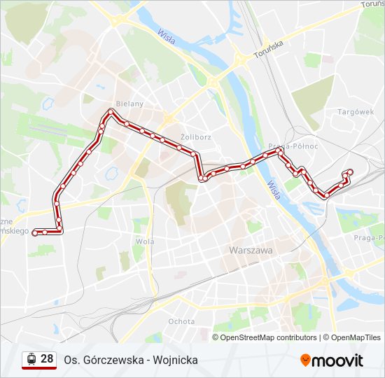 Mapa linii tramwaj 28