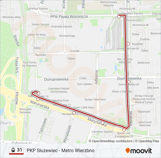 Mapa linii tramwaj 31