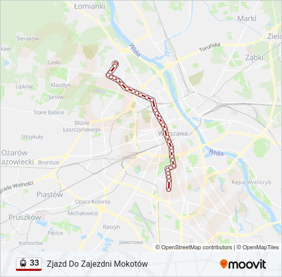 Mapa linii tramwaj 33