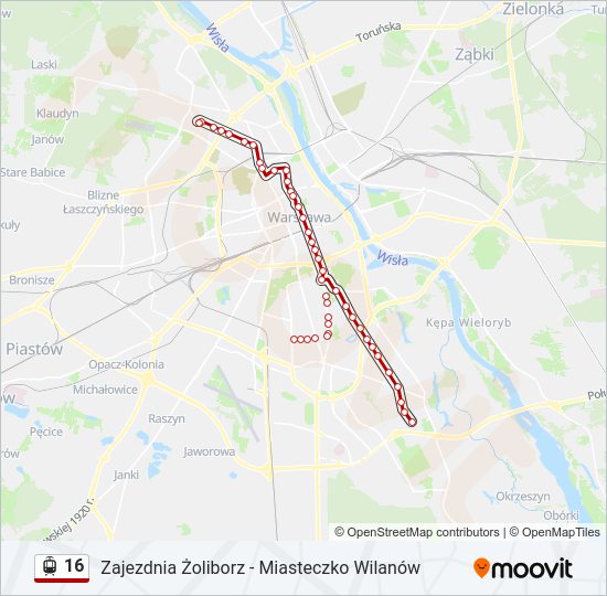 Mapa linii tramwaj 16