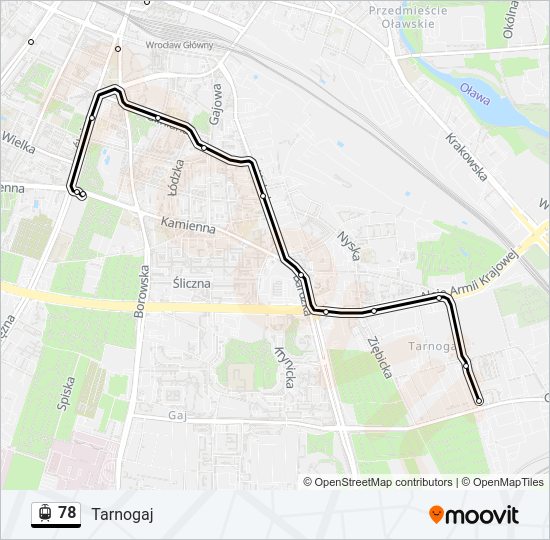 Mapa linii tramwaj 78