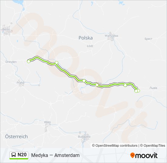 Mapa linii autobus N20