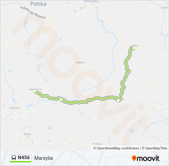 Mapa linii autobus N456