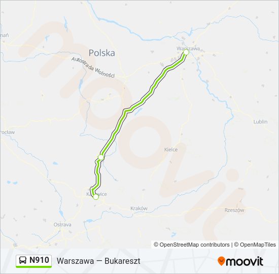 Mapa linii autobus N910