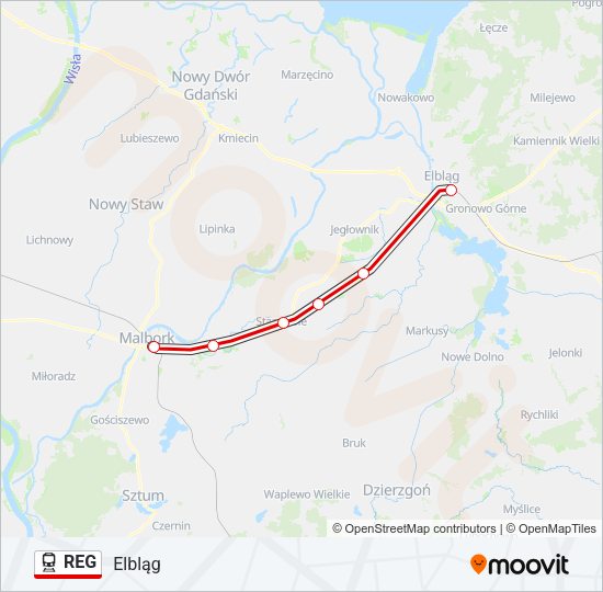 Mapa linii kolej REG